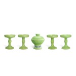Four inscribed ritual lime-green-glazed tazzas and a stem bowl and cover, Qing dynasty, Guangxu period | 清光緒 秋葵綠豆四件及青花夔龍紋秋葵綠籩一件 《陶氏家祠禮器子孫世守光緒壬寅年造》款 及《光緒壬午年齋谷山人造》款