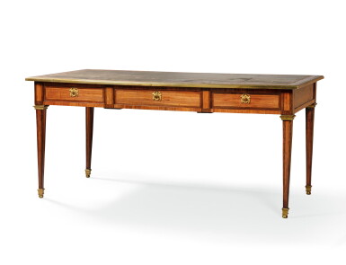 View full screen - View 1 of Lot 90. A Louis XVI gilt-bronze mounted tulipwood and amaranth bureau plat, Louis XVI, stamped J. STUMPFF | Bureau plat Louis XVI en placage de bois de rose et amarante d'époque Louis XVI estampillé J. STUMPFF.