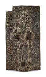 A DENSATIL-STYLE BRONZE PLAQUE OF A FEMALE DANCER, TIBET, 14TH CENTURY | 十四世紀 藏傳銅丹薩替寺式天女飾板