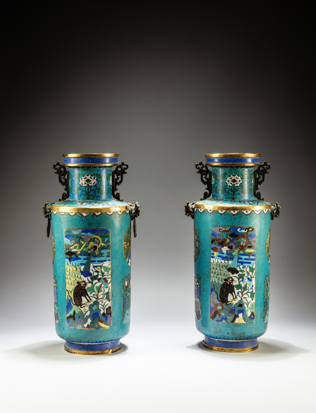 View full screen - View 1 of Lot 70. A pair of gilt-bronze and cloisonné enamel rouleau vases, Qing dynasty, 19th century.