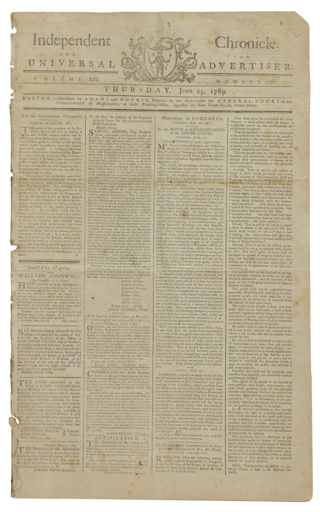 View full screen - View 1 of Lot 68. MADISON, JAMES | James Madison’s proposed Bill of Rights in the Independent Chronicle and the Universal Advertiser. Vol. XX1, No. 1078. Boston: Printed by Adams and Nourse, Thursday, June 25, 1789.