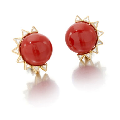 View full screen - View 1 of Lot 148. PAIR OF CORAL AND DIAMOND EARRINGS (PAIO DI ORECCHINI IN CORALLO E DIAMANTI).