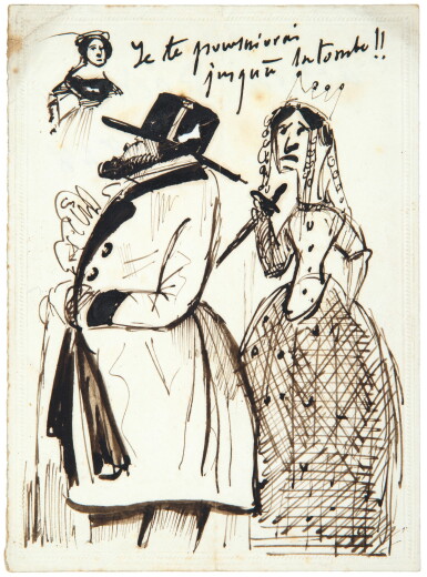 View full screen - View 1 of Lot 142. MUSSET. Amusant dessin à la plume vers 1841, probablement inédit, représentant la célèbre Rachel.