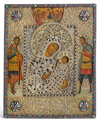 View full screen - View 1 of Lot 505. A RARE SILVER-GILT, NIELLO, CLOISONNÉ ENAMEL AND SEED PEARL ICON OF THE JERUSALEM MOTHER OF GOD, A.M. POSTNIKOV PARTNERSHIP, MOSCOW, 1892.