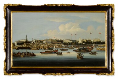 View full screen - View 1 of Lot 1756. A View of the Hongs at Canton Qing Dynasty, Daoguang / Xianfeng Period, Circa 1850 | 清道光 / 咸豐 約1850年 廣州十三商館 油彩 裝框.
