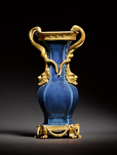 View full screen - View 1 of Lot 27. A Louis XV gilt-bronze mounted Chinese blue porcelain vase, the porcelain Qianlong, the mounts circa 1765.