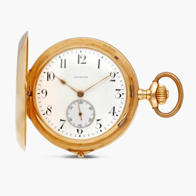 View full screen - View 1 of Lot 2312. A large pink gold hunting case two-train carillon minute repeating grande sonnerie keyless lever clockwatch with enamel dial, Circa 1915 .