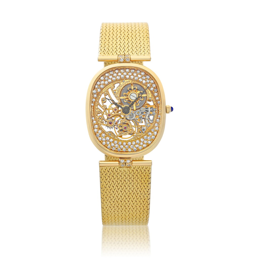 View full screen - View 1 of Lot 8014. Ellipse Squelette, Reference 3881 | A yellow gold and diamond-set skeletonised bracelet watch, Circa 1985 | 百達翡麗 | Ellipse Squelette 型號3881 | 黃金鑲鑽石鏤空鏈帶腕錶,約1985年製.