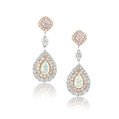 View full screen - View 1 of Lot 812. Pair of Fancy Light Yellowish Green diamond and Light Pink diamond pendent earrings.