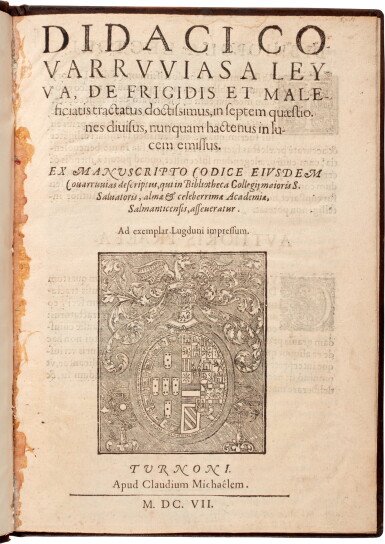 View full screen - View 1 of Lot 55. Covarrubias y Leyva, De frigidis et maleficiatis, Tournon, 1607, modern leather..