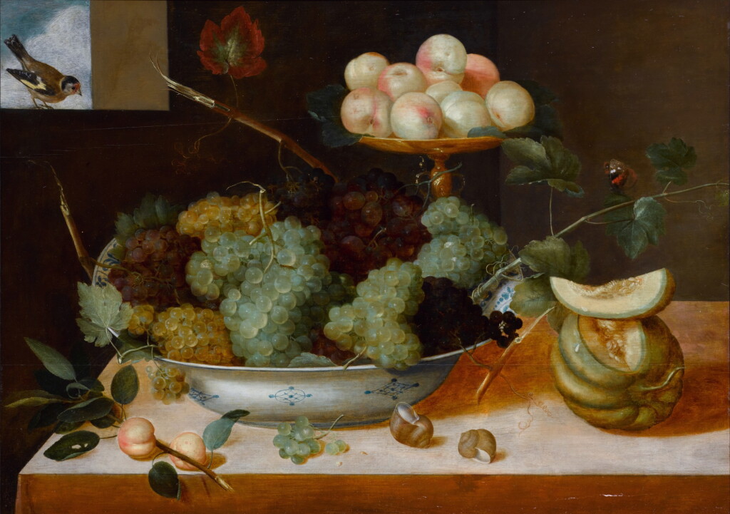 View full screen - View 1 of Lot 137. Still life with grapes in a porcelain dish and peaches on a tazza, with melons and snails.