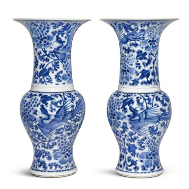 View full screen - View 1 of Lot 511. A pair of blue and white 'phoenix' yenyen vases, Qing dynasty, Kangxi period | 清康熙 青花穿花鳳紋鳳尾尊一對.