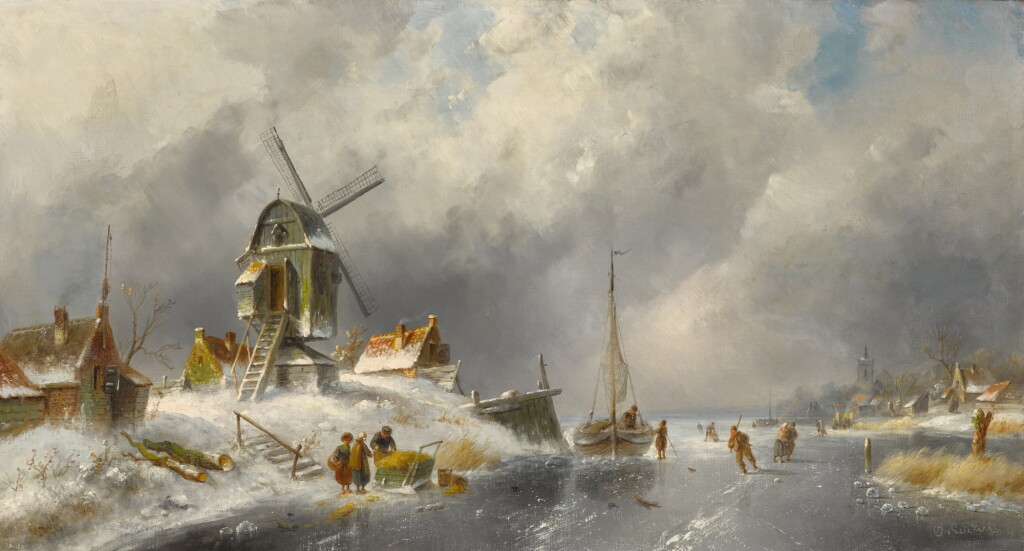 View full screen - View 1 of Lot 113. Winter landscape with skaters and windmill.