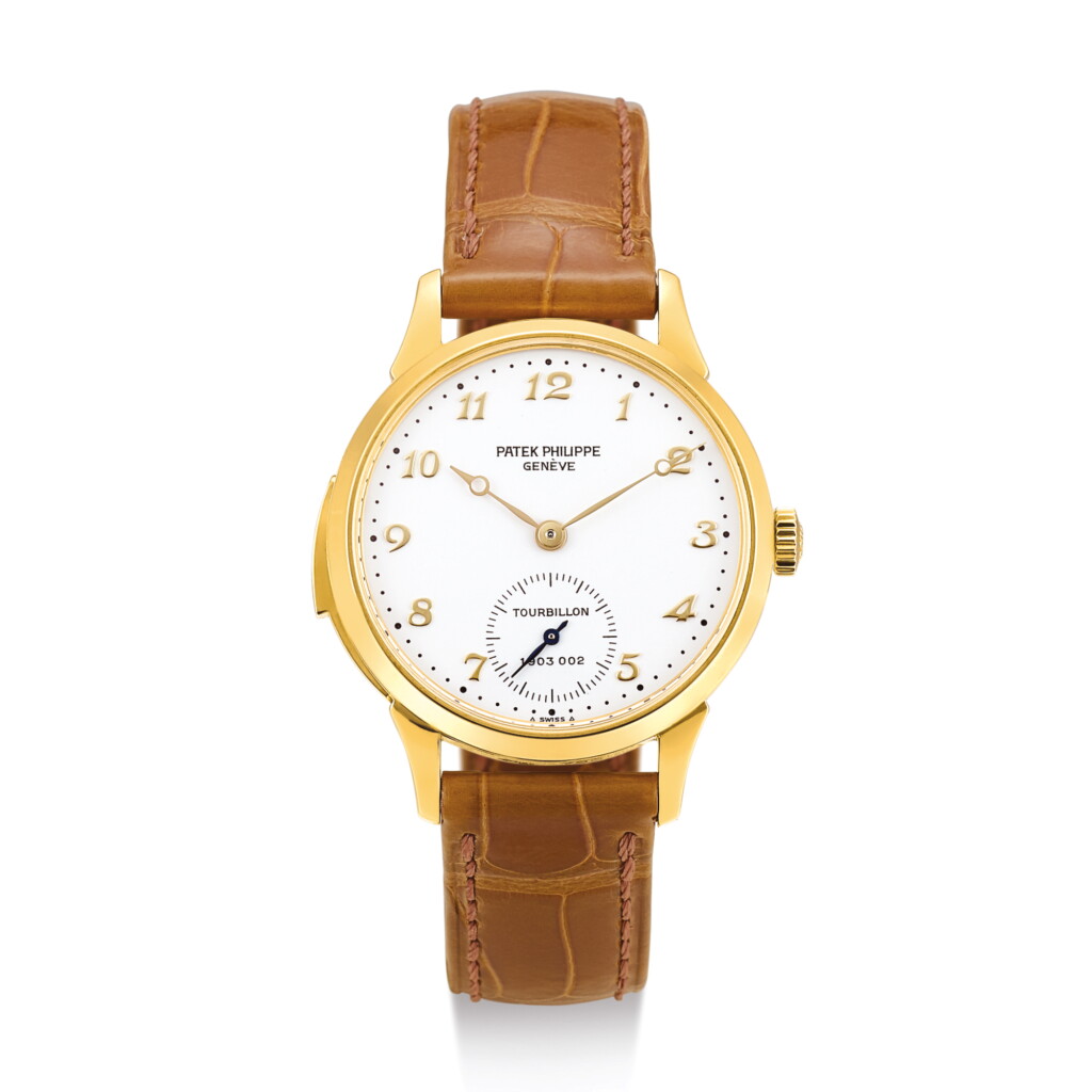 View full screen - View 1 of Lot 2289. PATEK PHILIPPE | REFERENCE 3939, THE SECOND WATCH MADE A YELLOW GOLD MINUTE REPEATING TOURBILLON WRISTWATCH WITH ENAMEL DIAL AND BREGUET NUMERALS, MADE IN 1992 " | 百達翡麗 | 型號3939,為型號生產第二枚 黃金三問陀飛輪腕錶,備琺瑯錶盤及寶璣數字,機芯編號1903002,錶殼編號2906860,1992年製".
