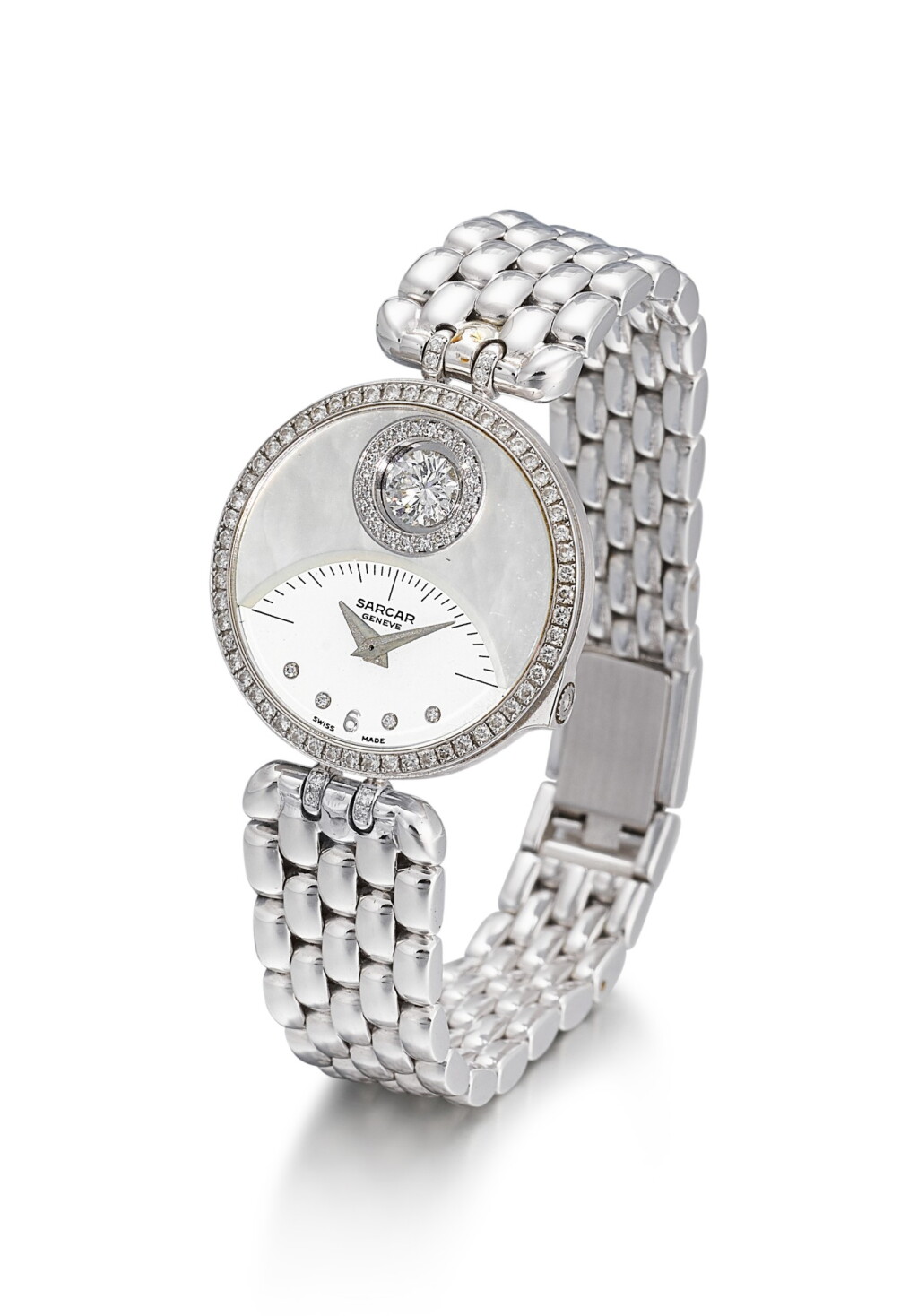 View full screen - View 1 of Lot 8184. SARCAR | REFERENCE 159 A WHITE GOLD AND DIAMOND-SET BRACELET WATCH WITH MOTHER-OF-PEARL DIAL, CIRCA 1999.