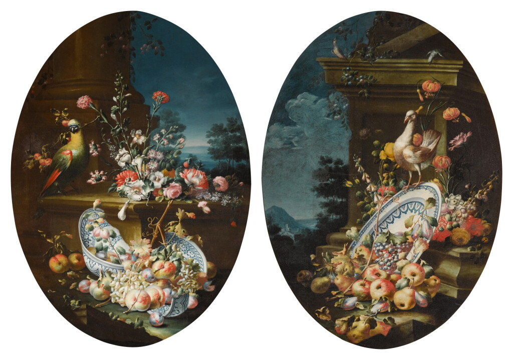 View full screen - View 1 of Lot 251. A pair of still lifes with fruit and parrots.