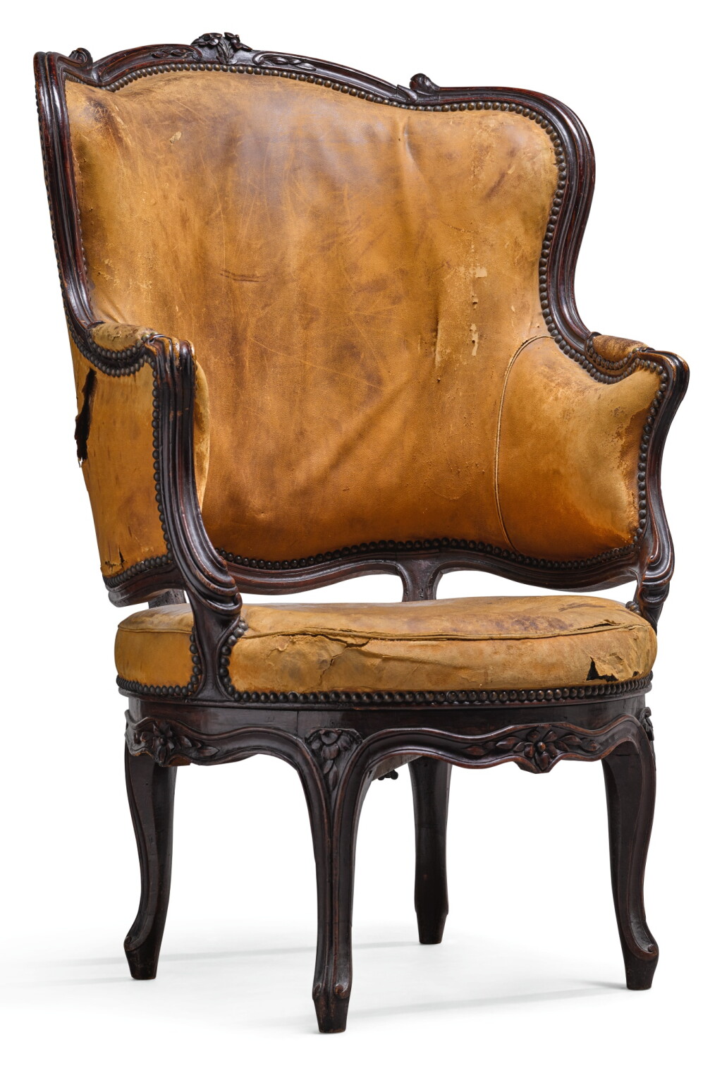View full screen - View 1 of Lot 156. A LOUIS XV PROVINCIAL CARVED WALNUT FAUTEUIL DE BUREAU À ASSISE TOURNANTE.
