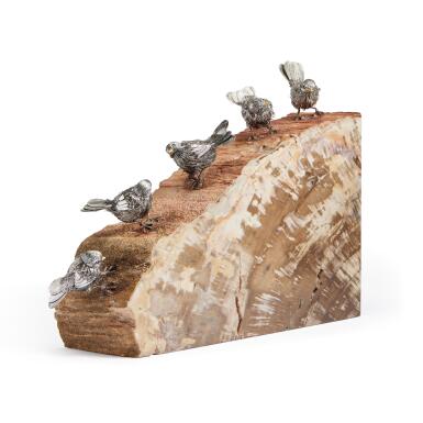 View full screen - View 1 of Lot 263. Five Italian Silver Birds on Petrified Wood Base, Mario Buccellati, Florence, 20th Century.
