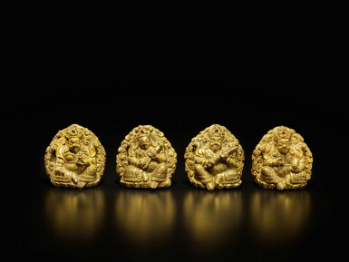 View full screen - View 1 of Lot 105. A set of four small gilt-bronze 'Guardian King' plaques, Tibet, 16th / 17th century | 西藏 十六 / 十七世紀 銅鎏金四大天王牌一套四件.