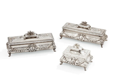 View full screen - View 1 of Lot 127. A SET OF THREE SILVER TOILET BOXES, MOREL & CIE, PARIS, CIRCA 1850 | ENSEMBLE DE TROIS BOÎTES DE TOILETTE EN ARGENT PAR MOREL & CIE, PARIS, VERS 1850 .