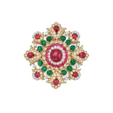 View full screen - View 1 of Lot 115. A Ruby, Emerald and Diamond Pendant-Brooch.