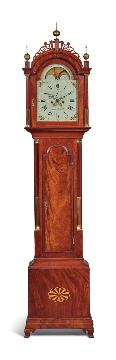 View full screen - View 1 of Lot 107. Fine Federal Inlaid and Figured Mahogany Tall-Case Clock, works by Aaron Willard (1757-1844); the reverse signed by John Minot (w.1793-1826), Roxbury or Grafton, Massachusetts, circa 1805.