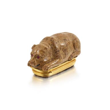 View full screen - View 1 of Lot 264. A Jeweled and Gold-Mounted Animal-Shaped Hardstone Snuff Box, Probably German, in Mid-Eighteenth Century Taste.