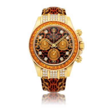 View full screen - View 1 of Lot 551. ROLEX | 'LEOPARD' DAYTONA, REF 116598 SACO YELLOW GOLD DIAMOND AND ORANGE SAPPHIRE-SET CHRONOGRAPH WRISTWATCH CIRCA 2005.