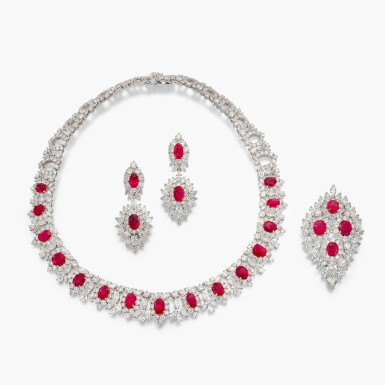 View full screen - View 1 of Lot 1744. DIANOOR | Ruby and Diamond Demi-Parure | DIANOOR | 天然 「緬甸」未經加熱紅寶石 配 鑽石 項鏈 配 胸針 及 耳墜套裝 (紅寶石總重49.67克拉).