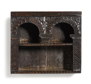 View full screen - View 1 of Lot 3. A Commonwealth boarded oak 'mural' glass case, mid 17th century.