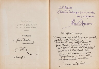 View full screen - View 1 of Lot 154. Tel qu'en songe, 1892. Double envoi de Régnier et envoi de Gide + l.a.s. de Régnier à H. Bauër.