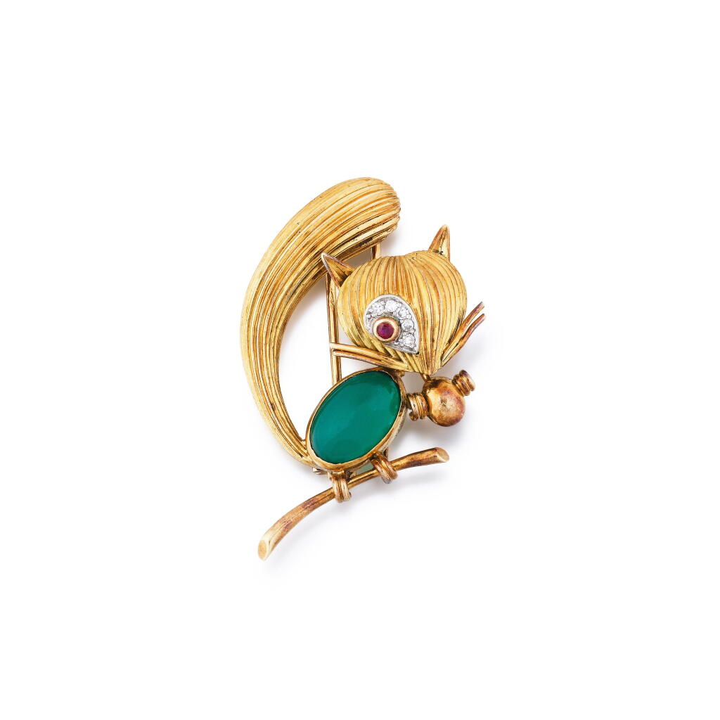 View full screen - View 1 of Lot 108. Chrysoprase, ruby and diamond brooch.
