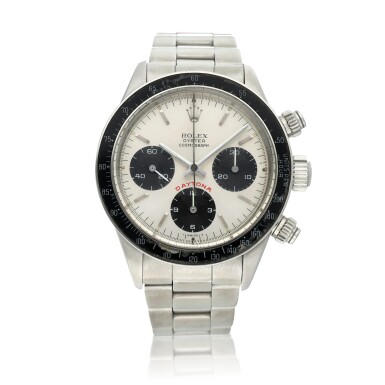 View full screen - View 1 of Lot 277. Reference 6263 'Big Red' Daytona A stainless steel chronograph wristwatch with registers and bracelet, Circa 1981 .