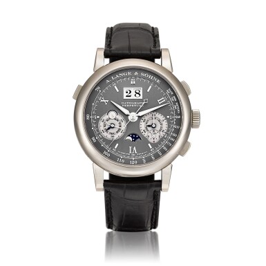 View full screen - View 1 of Lot 2244. Datograph Perpetual, Reference 410.030FE | A white gold perpetual calendar flyback chronograph wristwatch with digital date display, day, moon phases, leap year and day and night indication, Circa 2009 | 朗格 | Datograph Perpetual 型號410.030FE | 白金萬年曆飛返計時腕錶,備數位日期、星期、月相、閏年及晝夜顯示,約2009年製.