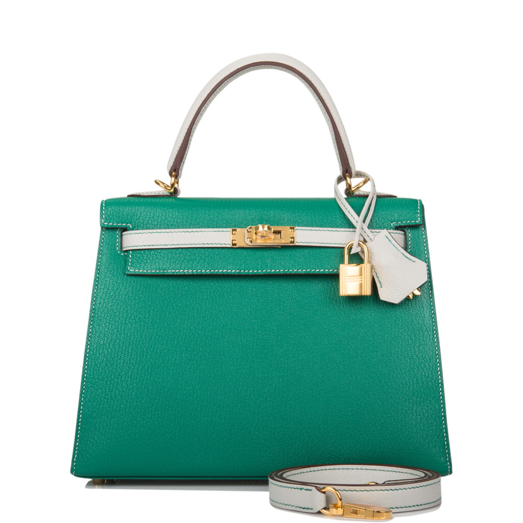 View full screen - View 1 of Lot 105. Vert Vertigo and Gris Perle Chèvre Leather HSS Sellier Kelly 25 Gold Hardware, 2019.