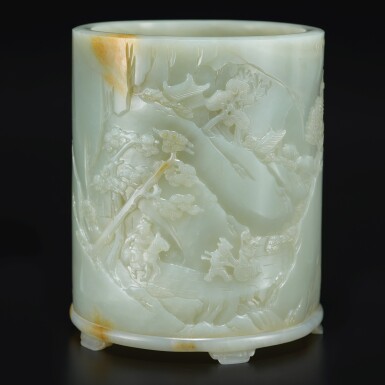 View full screen - View 1 of Lot 14. An exceptional white and russet jade brushpot, Qing dynasty, Qianlong period | 清乾隆 白玉雕進寶圖筆筒.