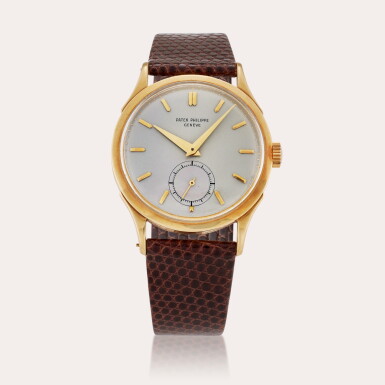 View full screen - View 1 of Lot 605. Reference 1589 Calatrava | A yellow gold wristwatch, Circa 1954.