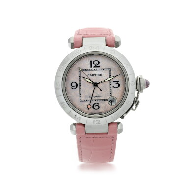 View full screen - View 1 of Lot 303. CARTIER | REFERENCE 2377 PASHA DE CARTIER, A STAINLESS STEEL AUTOMATIC CENTER SECONDS WRISTWATCH WITH DATE AND PINK MOTHER OF PEARL DIAL, CIRCA 2010.