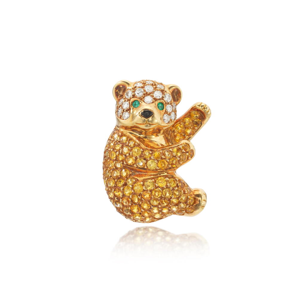 View full screen - View 1 of Lot 786. Yellow sapphire, emerald, enamel and diamond brooch.