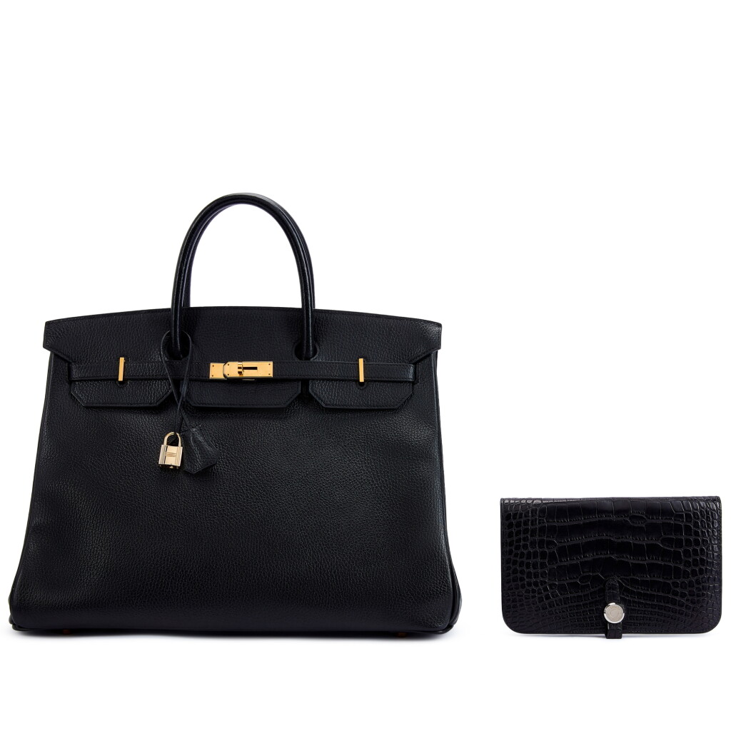 View full screen - View 1 of Lot 6204. Set of Two Vintage Black Togo Birkin 40 Gold Hardware, 1997 and Black Matte Mississippiensis Alligator Dogon Wallet Palladium Hardware, 2007.