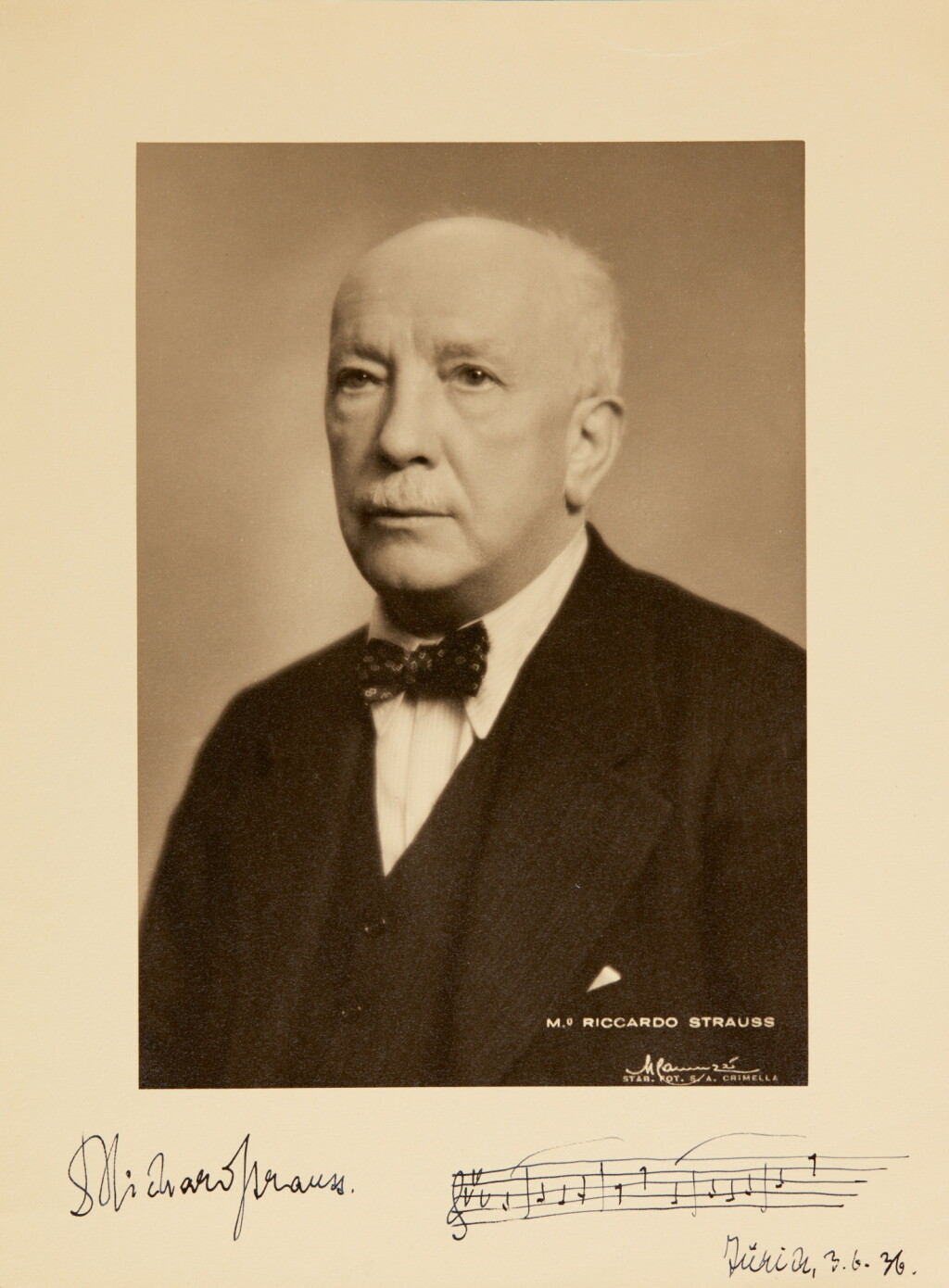 View full screen - View 1 of Lot 152. Richard Strauss. Large photographic portrait signed, with an autograph musical quotation from "Die schweigsame Frau", 1936.