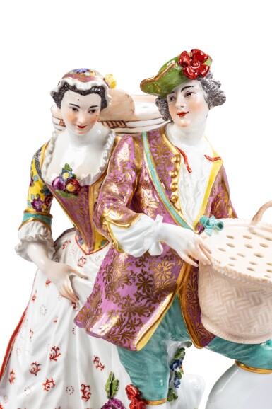 View full screen - View 1 of Lot 128. A pair of Meissen porcelain bouquetière figures, circa 1740-44 .