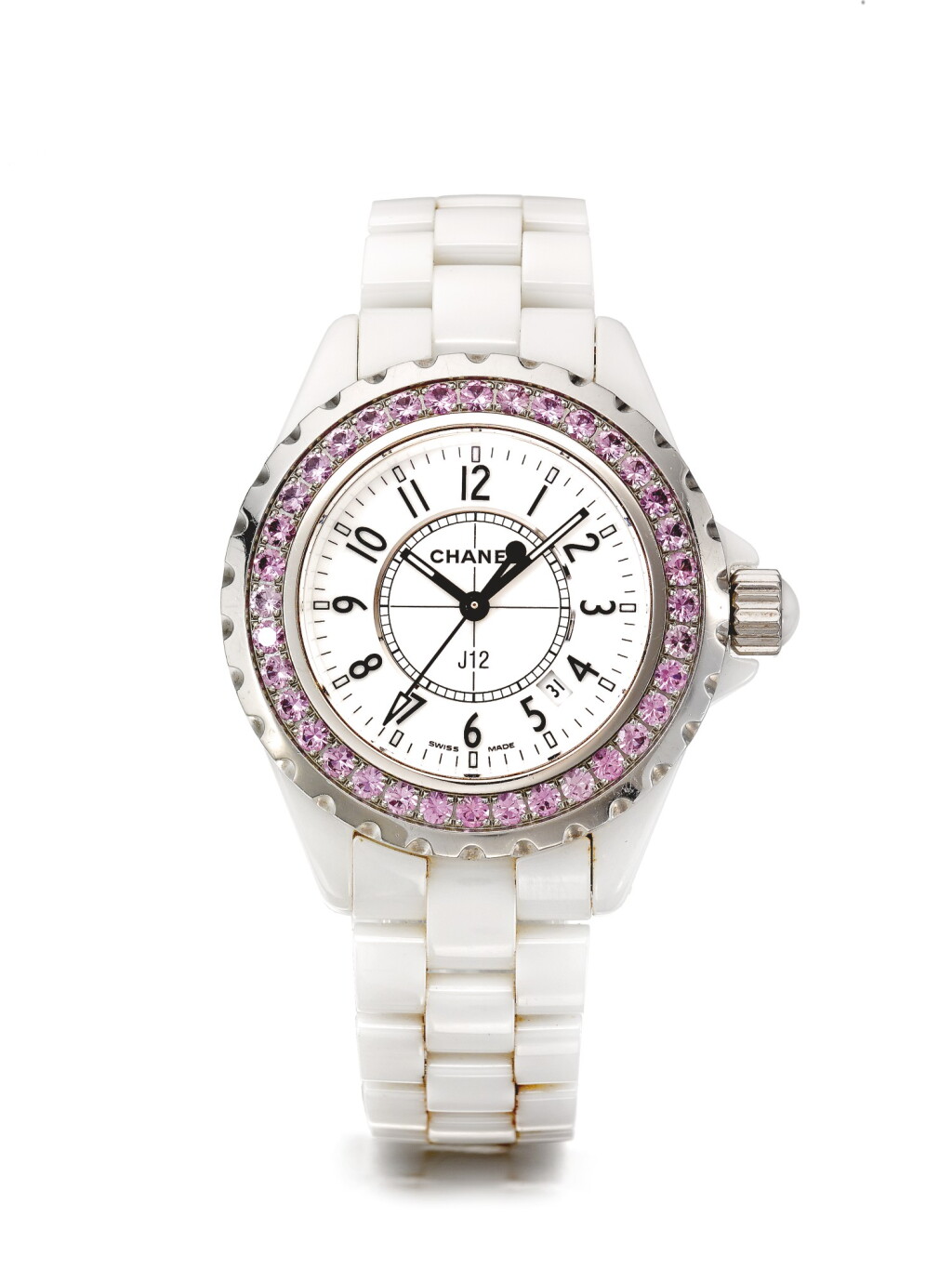 Voir en plein écran - Voir 1 du lot 57. CHANEL | J12, A CERAMIC, STAINLESS STEEL AND SAPPHIRE SET WRISTWATCH WITH DATE AND BRACELET CIRCA 2005.