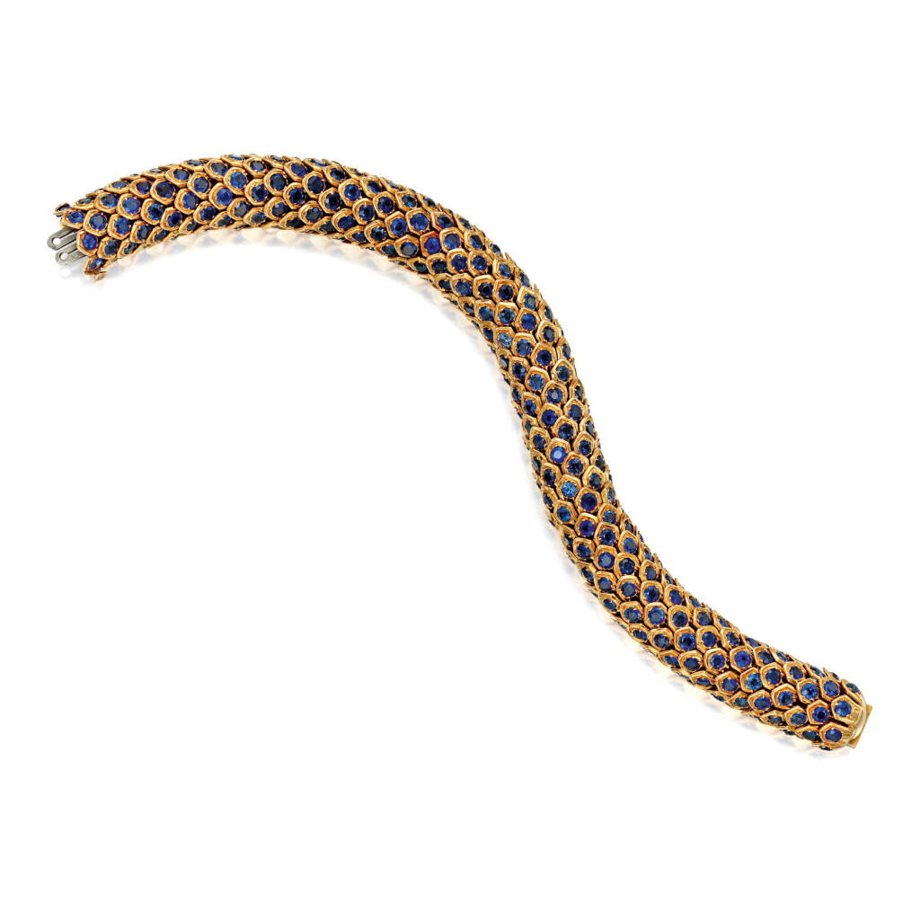 View full screen - View 1 of Lot 187. Boivin | Gold and Sapphire 'Honeycomb' Bracelet, France.