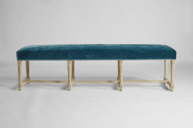 View full screen - View 1 of Lot 375. A Royal Louis XVI Grey-Painted Beechwood Banquette, Attributed to Nicolas-Quinibert Foliot, Circa 1785.