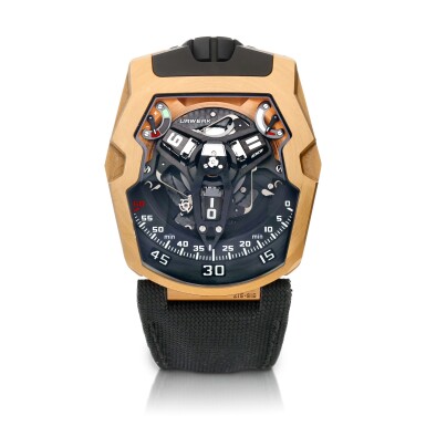 View full screen - View 1 of Lot 2139. Amadeus, Reference UR-210 | A limited edition pink gold and titanium semi-skeletonised revolving satellite wristwatch with retrograde minute, power reserve and winding efficiency indication, Circa 2017 | Urwerk | Amadeus 型號UR-210 | 限量版粉紅金及鈦金屬半鏤空衛星時刻腕錶,備逆跳分鐘、動力儲備及上弦效率顯示,約2017年製.
