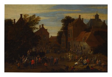 View full screen - View 1 of Lot 54. ATTRIBUTED TO MATTHIJS SCHOEVAERDTS | A VIEW OF A MARKET IN THE CENTER OF A TOWN.