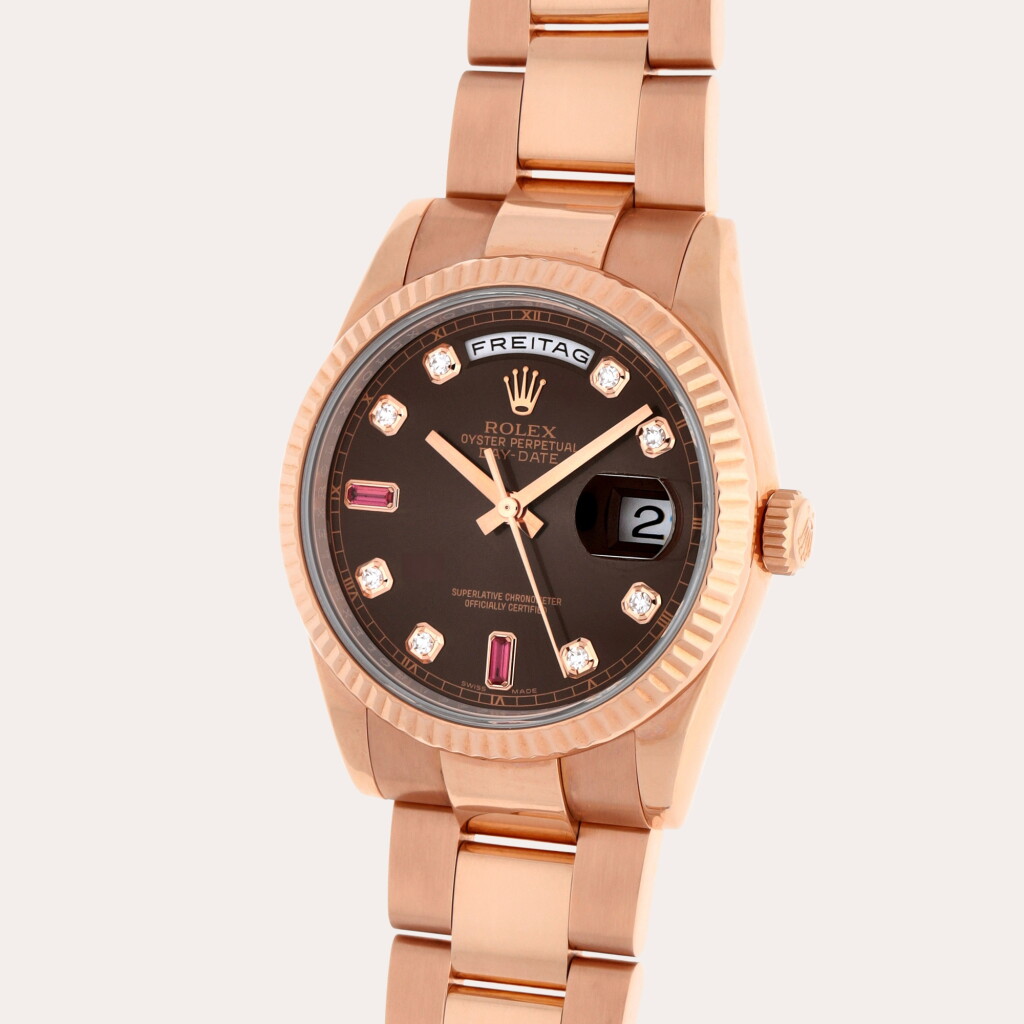 View full screen - View 1 of Lot 93. Day Date, Reference 118235F | A pink gold, diamond and ruby-set wristwatch with day, date and bracelet | Circa 2012.
