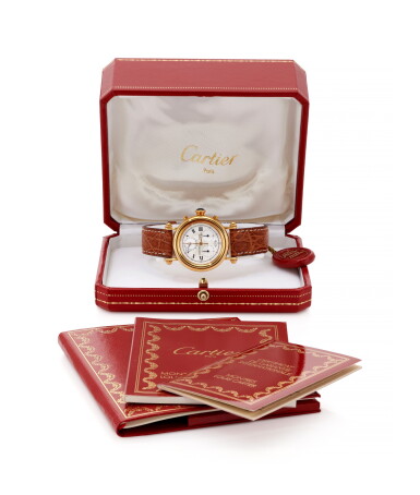 View full screen - View 1 of Lot 137. IN CELEBRATION OF CARTIER'S 150TH ANNIVERSARY, DIABOLO CHRONOGRAPH YELLOW GOLD WRISTWATCH WITH PERPETUAL CALENDAR (IN OCCASIONE DELL’ANNIVERSARIO DEI 150 ANNI DI CARTIER, DIABOLO CHRONOGRAFO OROLOGIO DA POLSO IN ORO GIALLO CON CALENDARIO PERPETUO) CIRCA 1997.