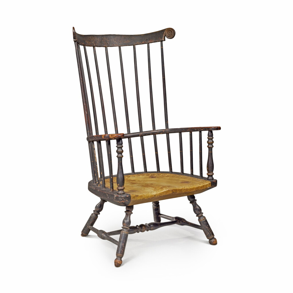 View full screen - View 1 of Lot 164. Very Rare Black and Yellow Grain-Paint Decorated Scroll-Carved Comb-Back Windsor Armchair, Philadelphia, Pennsylvania, Circa 1745-50.